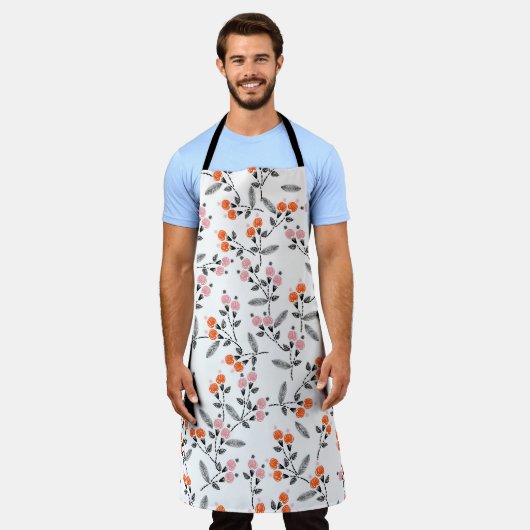 自由花模様:手縫い刺繍 エプロン (着用した状態)