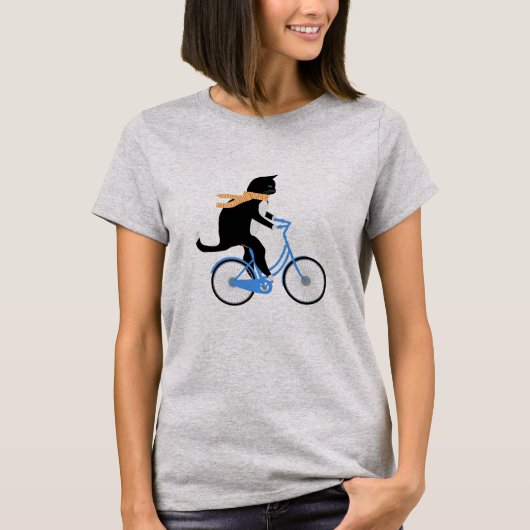 自転車おもしろいに乗った黒猫 Tシャツ (正面)