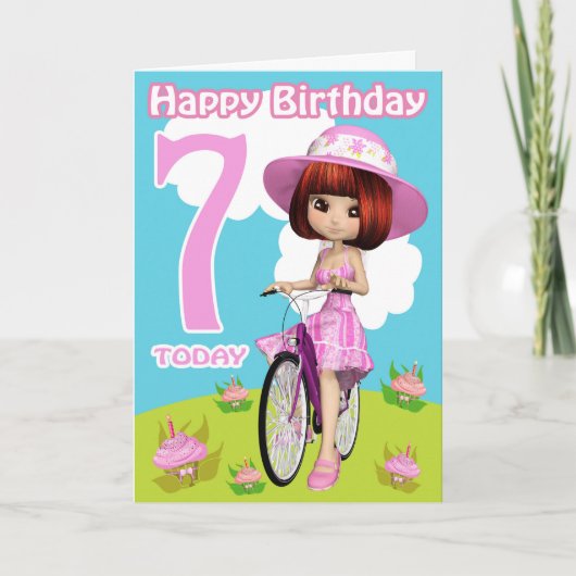 自転車かわいらしの第7誕生日カード小さな女の子 カード (正面)