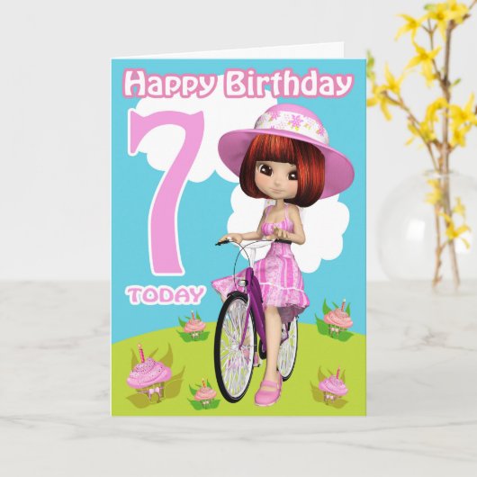 自転車かわいらしの第7誕生日カード小さな女の子 カード (黄色い花)