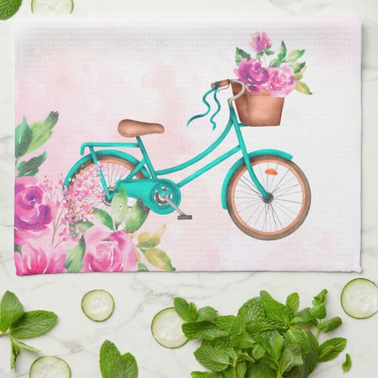 自転車とピンクローズ キッチンタオル (折り畳み)