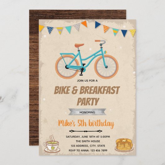 自転車と朝食の誕生日パーティーのテーマ招待状 招待状 (正面/裏面)