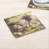 自転車と花のカスタムパーティコースターセット6枚 スクエアペーパーコースター (アングル)