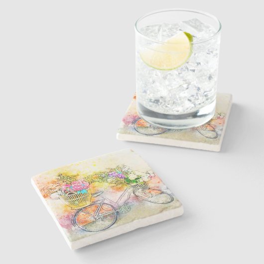 自転車と花 ストーンコースター (横)