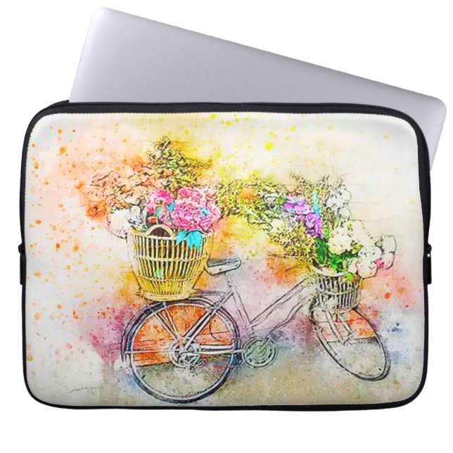 自転車と花 ラップトップスリーブ (正面)