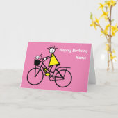 自転車に乗ったかわいい女の子と猫の誕生日カード カード (黄色い花)