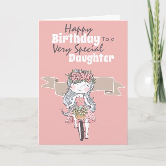 自転車に乗ったかわいい女の子の誕生日を祝う カード (正面)