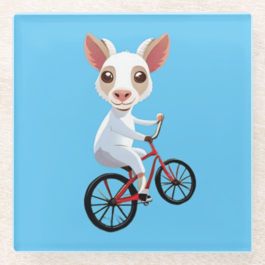 自転車に乗ったかわいい小さな白いヤギ ガラスコースター (正面)