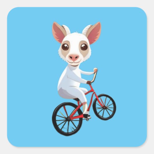 自転車に乗ったかわいい小さな白いヤギ スクエアシール (正面)