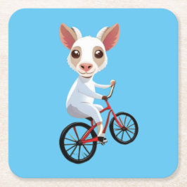 自転車に乗ったかわいい小さな白いヤギ スクエアペーパーコースター