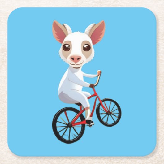 自転車に乗ったかわいい小さな白いヤギ スクエアペーパーコースター (正面)
