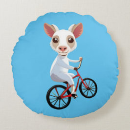 自転車に乗ったかわいい小さな白いヤギ ラウンドクッション