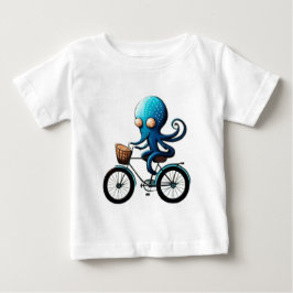 自転車に乗ったかわいい小さな青いタコ ベビーTシャツ