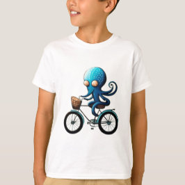 自転車に乗ったかわいい小さな青いタコ Tシャツ