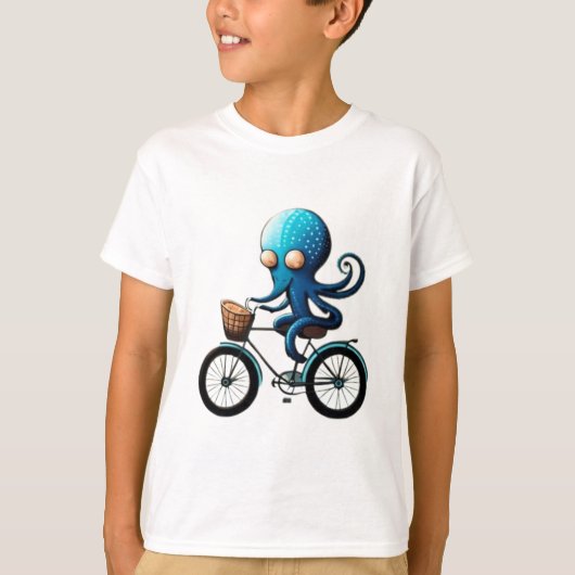 自転車に乗ったかわいい小さな青いタコ Tシャツ (正面)