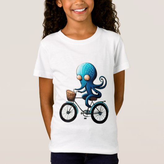 自転車に乗ったかわいい小さな青いタコ Tシャツ (正面)