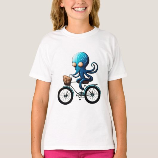 自転車に乗ったかわいい小さな青いタコ Tシャツ (正面)