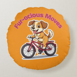 **自転車に乗ったかわいい犬 – Funny Cycling Dog** ラウンドクッション