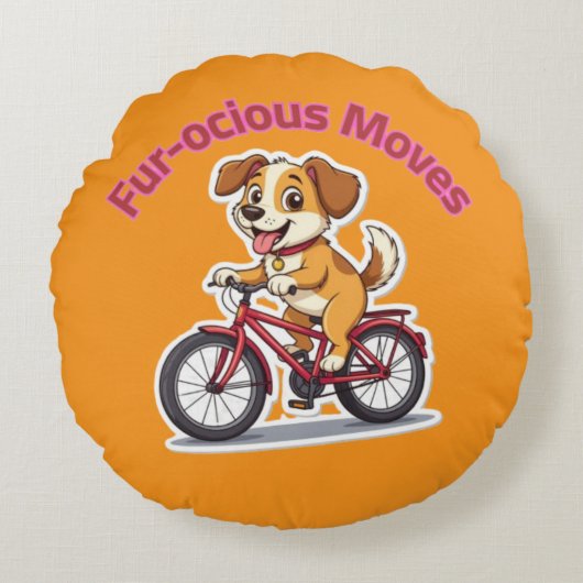 **自転車に乗ったかわいい犬 – Funny Cycling Dog** ラウンドクッション (正面)