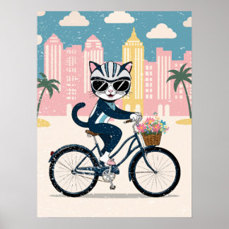 自転車に乗ったサイクリストの猫 ポスター