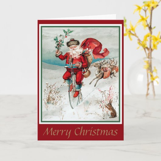 自転車に乗ったサンタと鹿とウサギ カード (黄色い花)
