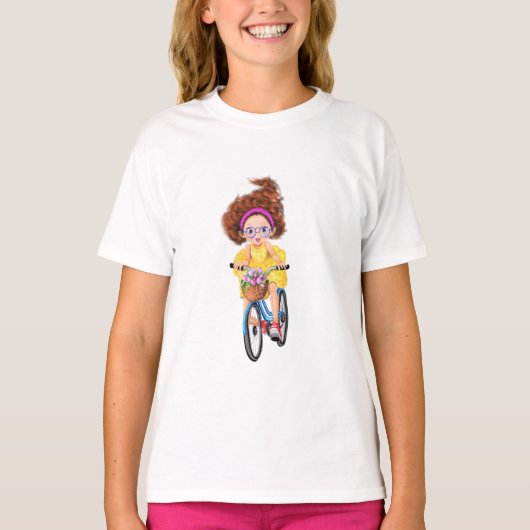自転車に乗った幸せな女の子のTシャツ Tシャツ (正面)