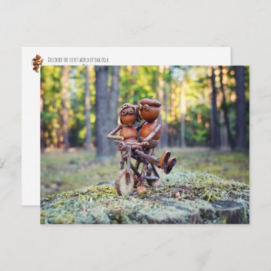 自転車に乗った彼の女の子とドングリ小妖精や小人 ポストカード (正面/裏面)