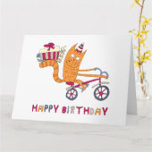 自転車に乗った猫が誕生日のプレゼントを運んでいます。 カード (黄色い花)