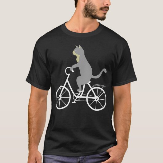 自転車に乗った猫 クールなバイク好きの猫 アニマル 楽しいデザイン Tシャツ (正面)