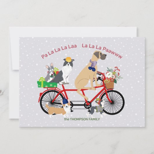 自転車に乗っている犬はバスケットのクリスマスを示します カード (正面)