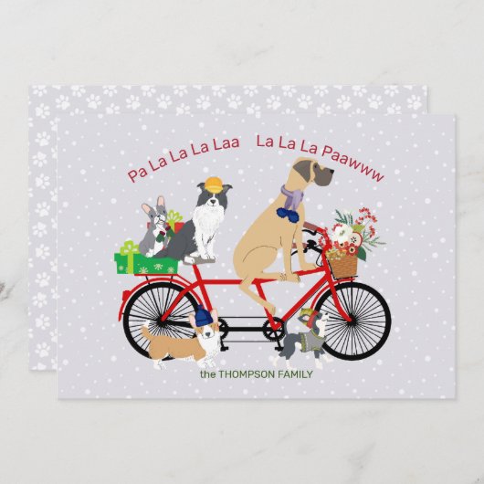自転車に乗っている犬はバスケットのクリスマスを示します カード (正面/裏面)
