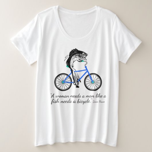 自転車に乗っている男女同権主義の魚(引用文と) プラスサイズTシャツ (デザイン正面)