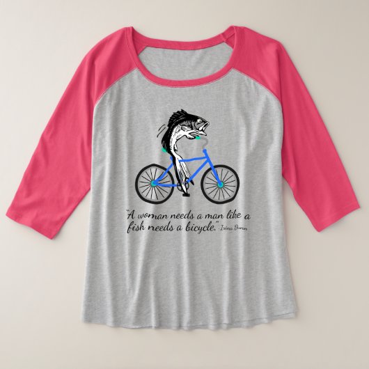 自転車に乗っている男女同権主義の魚(引用文と) プラスサイズTシャツ (デザイン正面)