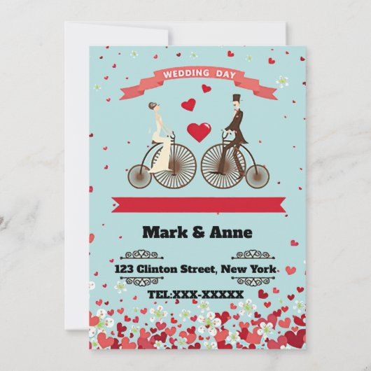 自転車に乗って出会う新郎新婦の漫画 招待状 (裏面)