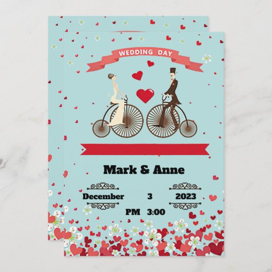 自転車に乗って出会う新郎新婦の漫画 招待状 (正面/裏面)