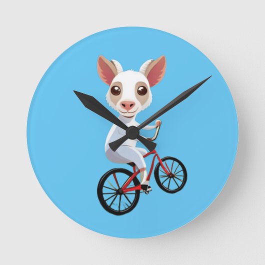 自転車に乗るかわいい小さな白い子羊 ラウンド壁時計 (正面)