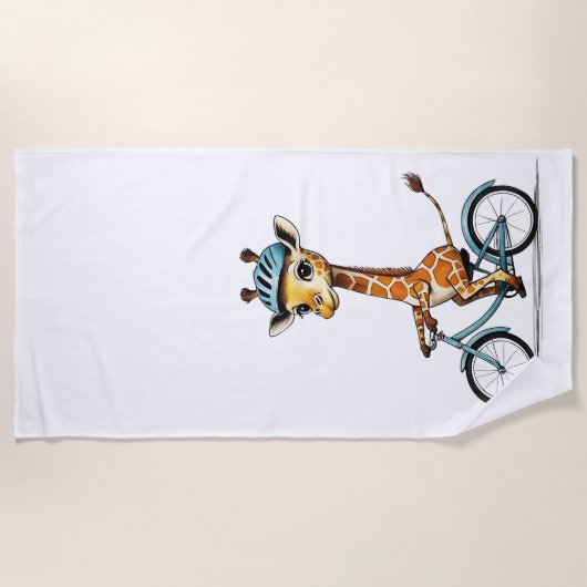 自転車に乗るキリン – 手書き鉛筆アート ビーチタオル (正面)