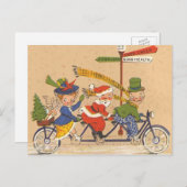 自転車に乗るサンタクロース、ビンテージクリスマス シーズンポストカード (正面/裏面)