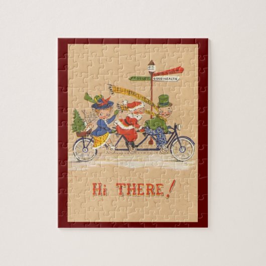 自転車に乗るサンタクロース、ビンテージクリスマス ジグソーパズル (縦)