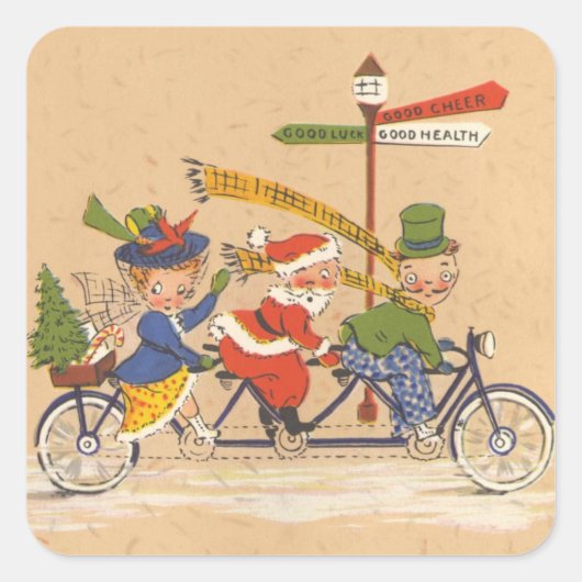 自転車に乗るサンタクロース、ビンテージクリスマス スクエアシール (正面)