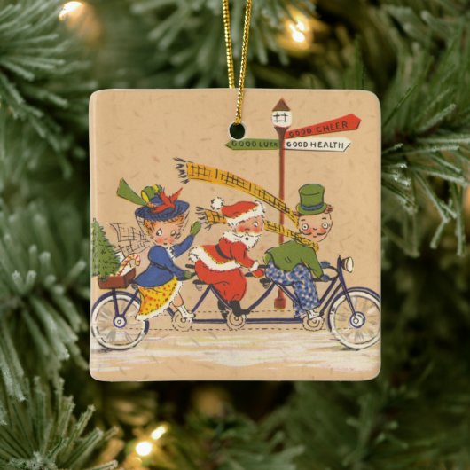 自転車に乗るサンタクロース、ビンテージクリスマス セラミックオーナメント (ツリー)