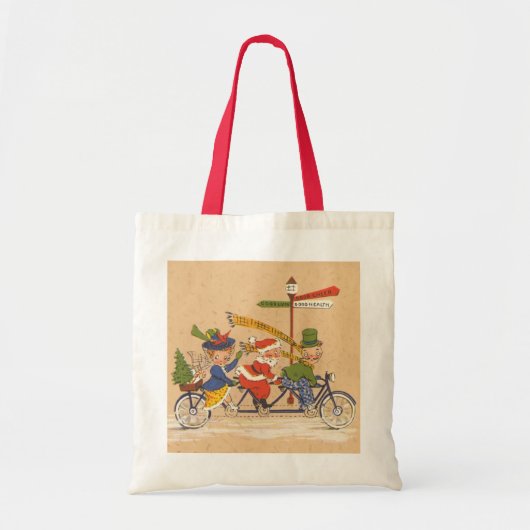 自転車に乗るサンタクロース、ビンテージクリスマス トートバッグ (正面)