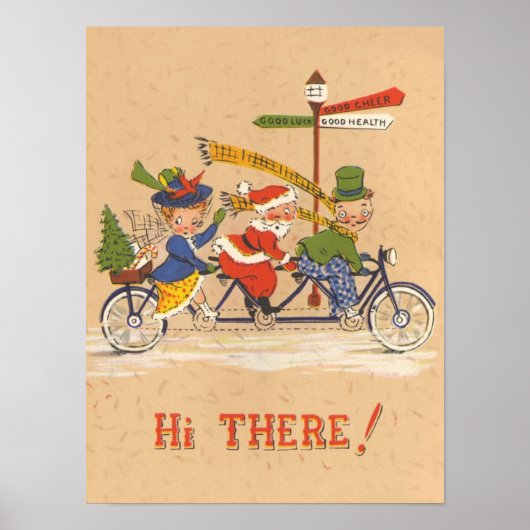 自転車に乗るサンタクロース、ビンテージクリスマス ポスター (正面)