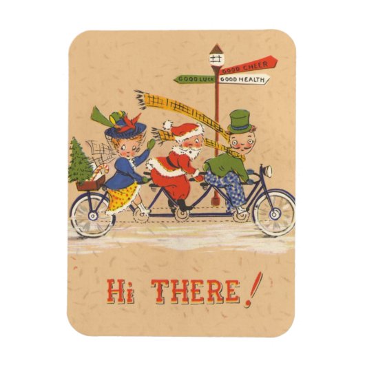 自転車に乗るサンタクロース、ビンテージクリスマス マグネット (縦)