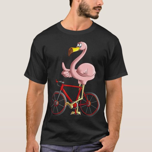 自転車に乗るフラミンゴクールバイクもしくは自転車に乗る人おもしろい自転車 Tシャツ (正面)
