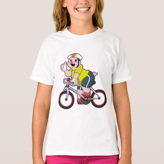 自転車に乗るヘルメット姿の豚 Tシャツ (正面)