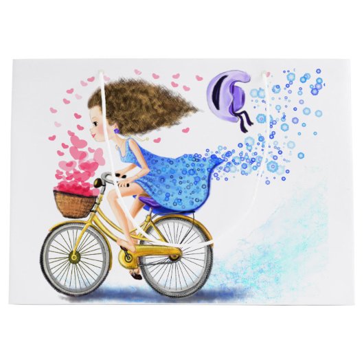 自転車に乗る幸せな少女のギフトバッグ ラージペーパーバッグ (正面)