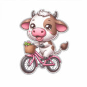 自転車に乗る茶色と白の牛 シール (正面)