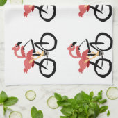 自転車のおもしろいなピンクのフラミンゴの鳥 キッチンタオル (折り畳み)