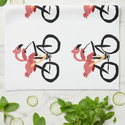 自転車のおもしろいなピンクのフラミンゴの鳥 キッチンタオル (折り畳み)